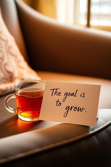 A glass mug of tea sits next to a handwritten note on a chair that reads "The goal is to grow."