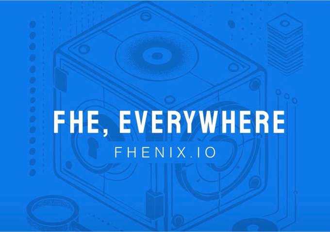 A blue promotional graphic with the text 'FHE, EVERYWHERE' and 'FHENIX.IO' overlaid on an isometric illustration of a circuit board.