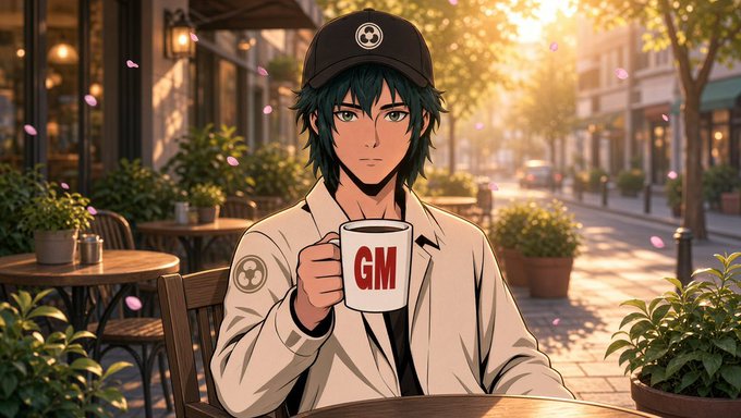 An anime-style young man with dark hair and a black cap sits at an outdoor café table, holding a white mug labeled 'GM' in red letters while looking directly at the viewer.