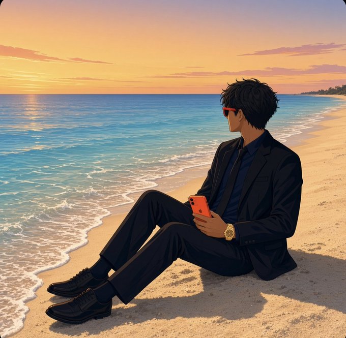 An anime-style illustration of a dark-haired man in a black suit and red sunglasses sitting on a sandy beach at sunset, looking at his phone.