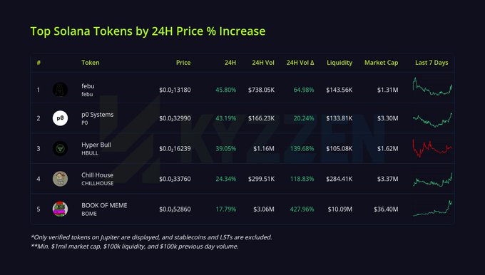 A dashboard titled 'Top Solana Tokens by 24H Price % Increase' showing tokens febu (+45.80%), p0 Systems (+43.19%), Hyper Bull (+39.05%), Chill House (+24.34%), and BOOK OF MEME (+17.79%).