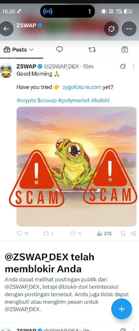 A Twitter/X post from verified account @ZSWAP_DEX warning 'Good Morning, Have you tried zygofuture.com yet?' with an image of a screaming frog character flanked by two red triangular 'SCAM' warning signs.