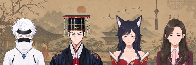 An illustration featuring four anime-style characters—a white-haired boy, a man in traditional Chinese royal robes with a beaded crown, a cat-eared woman in red, and a woman in a blazer—against a background of traditional Asian architecture and mountains.