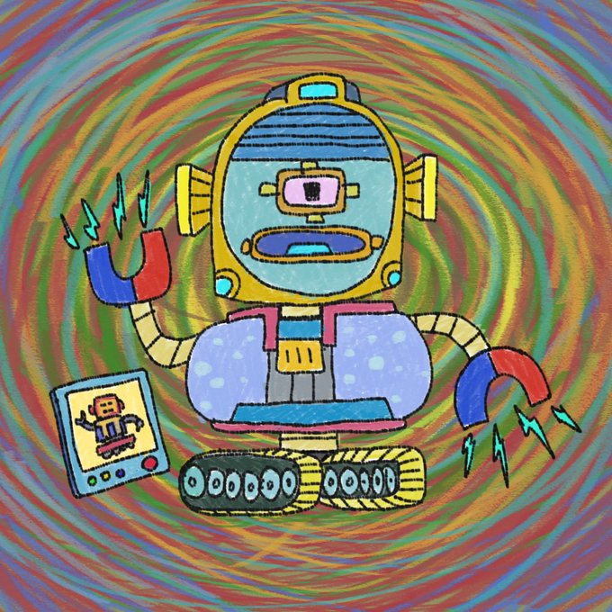 A colorful, cartoon-style robot with tank treads and horseshoe magnets for hands stands against a swirling rainbow background, with lightning bolts emanating from its magnetic grippers and a tablet displaying a smaller robot image beside it.