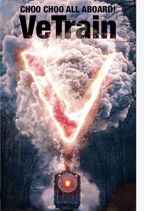 A steam train barrels through a forest as its smokestack blast forms a glowing "V" emblem, with bold text reading "CHOO CHOO ALL ABOARD! VeTrain" — a playful visual metaphor for VeChain's (ticker: $VET) explosive +30% breakout and successful breach of its 2026 downtrend line.