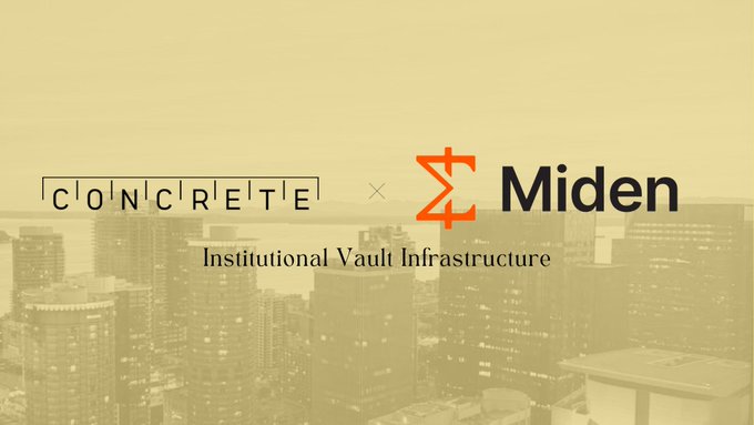 A promotional banner for a partnership between "CONCRETE" and "Miden" featuring the text "Institutional Vault Infrastructure" over a sepia-toned city skyline.