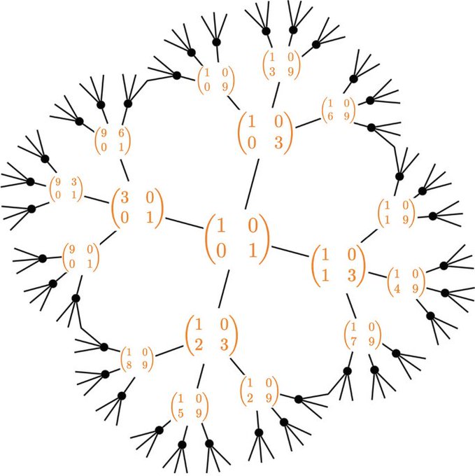 A complex mathematical tree diagram branching outward from a central node (1 0; 0 1) into multiple nodes with small numerical matrices.