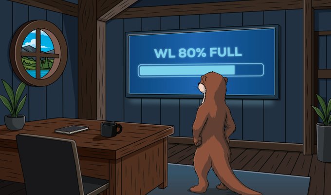 A cartoon illustration of a brown bear standing in a wooden office, looking at a large screen displaying 'WL 80% FULL' with a progress bar.