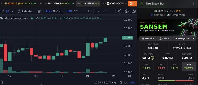 A DexScreener trading chart for the $ANSEM token on Solana via PumpSwap, showing a price of $0.2191 (+4.73%) with a $219.1M FDV and 24.47% 1h gain, alongside trending tokens like WHALE, JACOBIN, and CASHCOW.