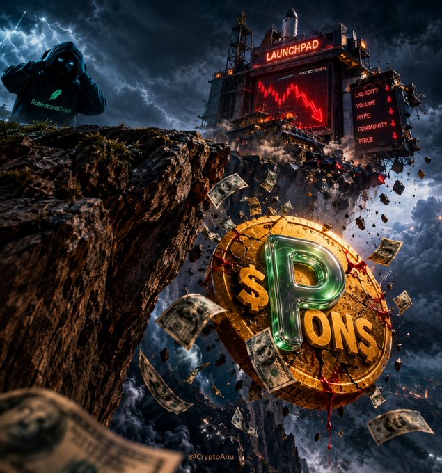 A dramatic digital artwork featuring a hooded figure with glowing blue eyes standing near a cliff edge, with a "LAUNCHPAD" showing a crashing red chart, and a large golden coin marked "P$ ONS" with dollar bills falling.
