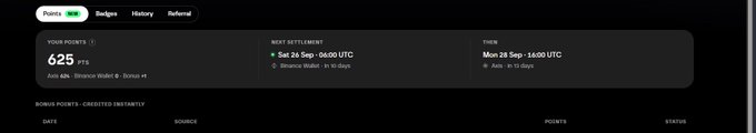 A dark-themed dashboard showing user points of 625, with a 'Next Settlement' scheduled for Saturday, September 27 at 06:00 UTC.