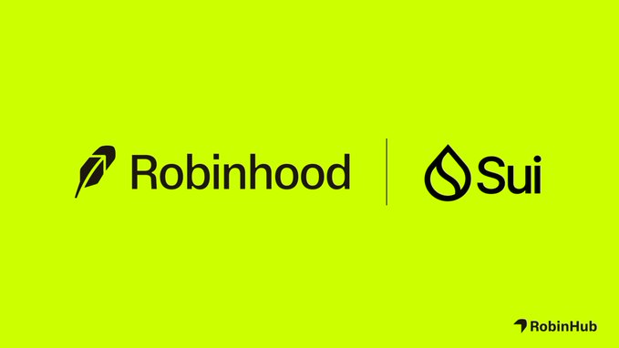 A green promotional banner displaying the Robinhood and Sui logos side by side, with 'RobinHub' branding in the bottom right corner.