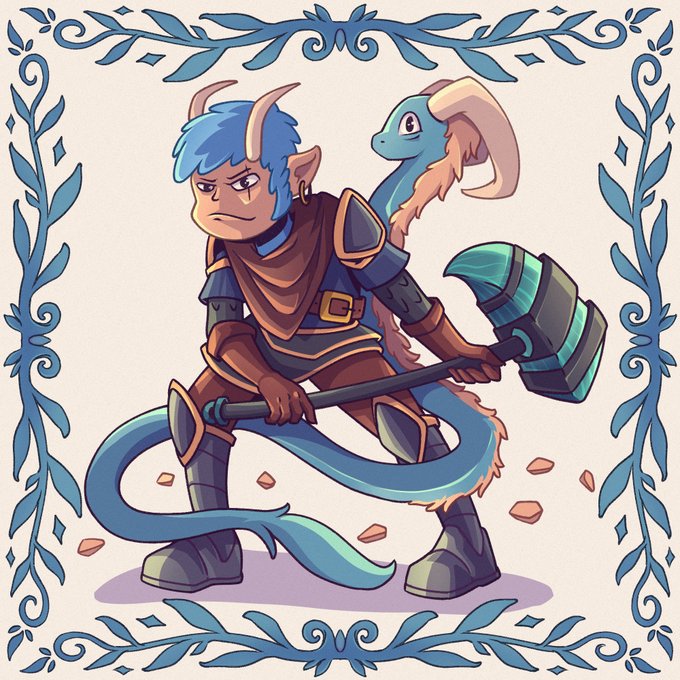 A determined cartoon warrior with blue hair, horns, and armor wields a glowing hammer alongside a dragon companion, surrounded by an ornate decorative border. The illustration fits the "Art Renaissance on Solana" theme for @GoatsOfSolana by showcasing the upgraded artistic style and fantasy character diversity being teased for the collection.