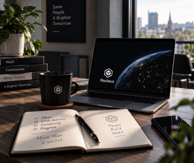 A workspace scene with a laptop displaying 'Nucleus' over an Earth background, a black mug, an open notebook with 'Ideas, Contributions, Community, Progress' checklist and 'More than a wallet. People Build Web3' written on it, stacked books including 'Web3 Communities' and 'Better Humans', and a poster reading 'Same People A Brighter Tomorrow'.