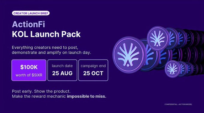 A promotional graphic titled 'CREATOR LAUNCH BRIEF ActionFi KOL Launch Pack' detailing a $100K SSXR reward, a launch date of '25 AUG', and a campaign end of '25 OCT'.