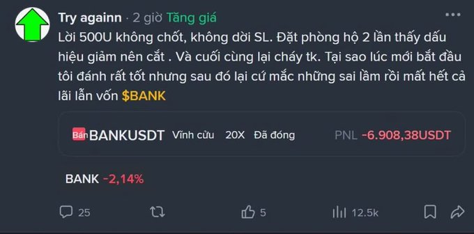A "Try again" trading post showing a lost futures position on BANKUSDT (20X leverage, long) with a PNL of -6,908.38 USDT and a -2.14% move on BANK, illustrating the cautionary tale of an unrealized 500 USDT profit turning into a substantial loss from failing to take profits or adjust stoplosses.