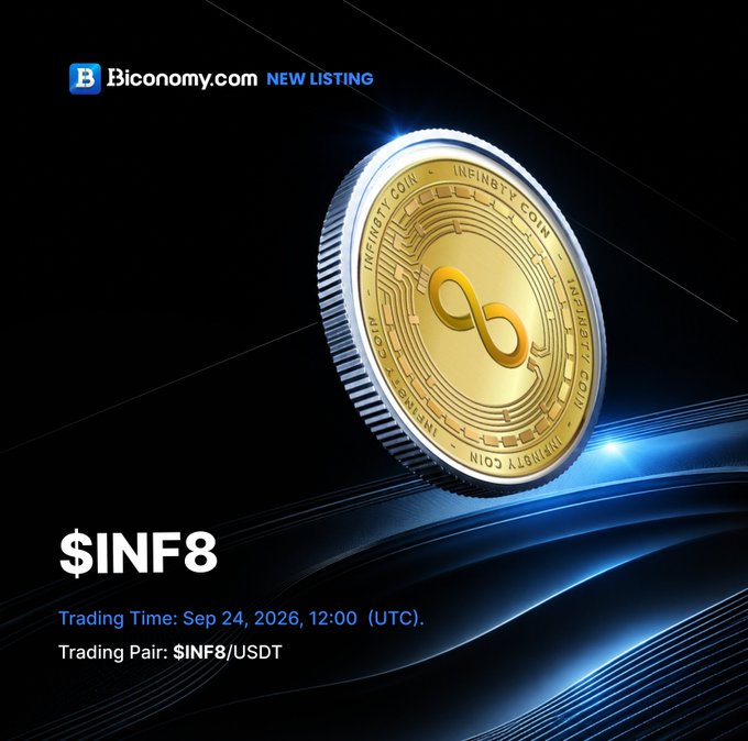 A promotional graphic for Bitconomy.com announcing a new listing of $INF8 (Infinity Coin) for trading on September 24, 2026 at 12:00 UTC, featuring a gold coin with an infinity symbol against a dark blue background.
