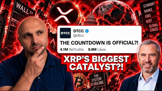 A YouTube thumbnail showing two men against a red apocalyptic background with "XRP," "Bitcoin," and "Wall St" imagery, featuring a tweet from DTCC (@dtcc) reading "THE COUNTDOWN IS OFFICIAL?!" with 4.1M ReTruths and 9.8M Likes, headlined "XRP'S BIGGEST CATALYST?!"

The thumbnail promotes a video discussing DTCC's $114 trillion custody operation moving on-chain via Fireblocks (live October 28th), positioning this institutional shift as a major catalyst for XRP.