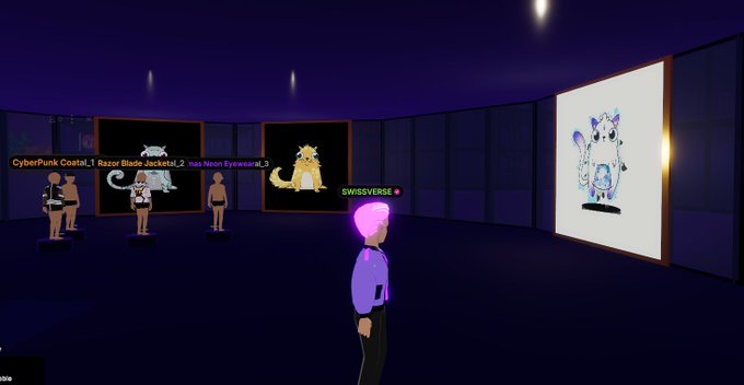 A screenshot of a virtual world, likely Decentraland, showing an avatar named 'SWISSVERSE' standing in a gallery space with framed pixel-art cat NFTs on the walls, including text reading 'CyberPunk Coatl_1 Roost Black_Rockcat_2 has flown Eyewear1_5'.
