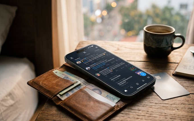 A still life photograph of a smartphone displaying a social media feed, resting on a brown leather wallet filled with currency, next to a ceramic coffee mug on a wooden table.