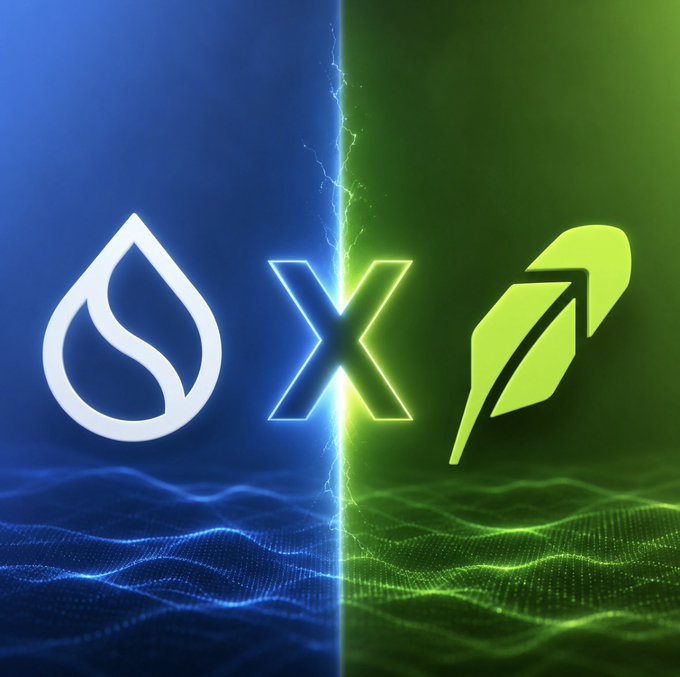 A split-background graphic with blue on the left showing the Sui logo and green on the right showing a feather icon, separated by an 'X' and a lightning bolt effect.