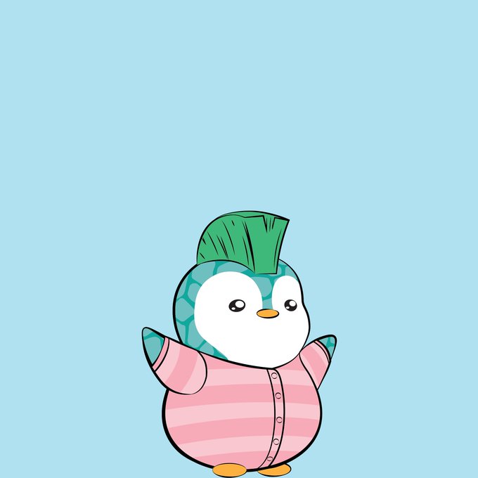 A cute cartoon penguin character with a teal head, pink striped shirt, and green tuft of hair on a light blue background.