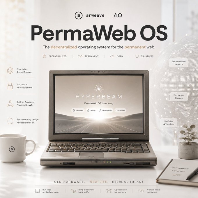 The image features an old laptop sitting on top of a desk, with a coffee cup nearby. The laptop screen displays a webpage that says "PermaWeb OS" written in black text against a white background. Below this, there are several bullet points explaining what PermaWeb OS is and how it can be used for various purposes such as web hosting or even creating new life experiences through the Hyperbeam platform.