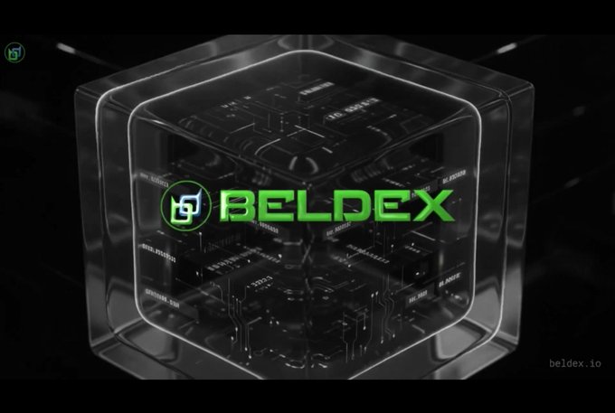 A futuristic 3D graphic featuring a transparent cube containing a circuit board, with the word 'BELDEX' displayed in green letters in the center.