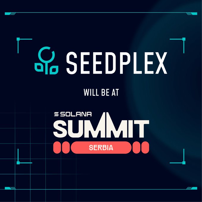 A promotional graphic with a dark blue background announcing 'SEEDPLEX WILL BE AT SOLANA SUMMIT SERBIA'.