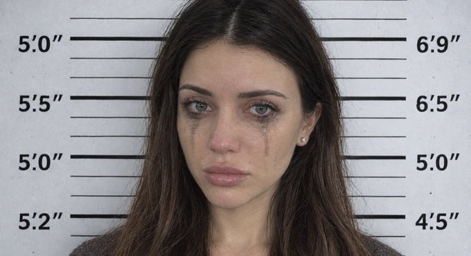 A disheveled young woman with smudged mascara cries in front of a mugshot height chart with markings ranging from 4'5" to 6'9", humorously illustrating the post about the negative consequences of buying the $METH memecoin.