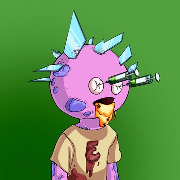 The image features a cartoon character wearing a brown shirt with a red letter "E" on it, standing against a green background. The character has a face painted on its head that looks like a monster or a robot-like creature, giving it an eerie appearance. There are two syringes sticking out of the character's mouth and nose, which adds to the creepy atmosphere of the scene.