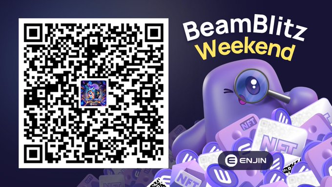 A promotional graphic featuring a scannable QR code alongside a purple cartoon blobby character with a magnifying glass, surrounded by NFT cubes, with bold text reading "BeamBlitz Weekend" and the Enjin logo to advertise the Vault Deck NFT giveaway for TCG players.