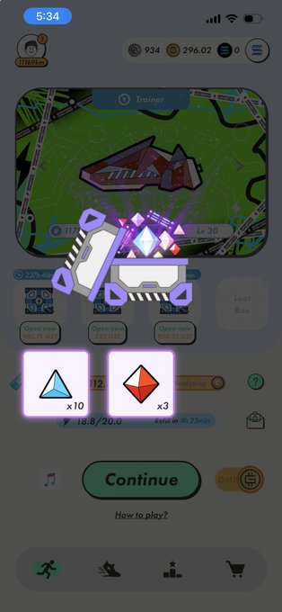 A mobile game screenshot showing a reward screen with blue and red crystal icons (x10 and x3) above a green 'Continue' button.