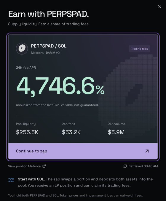 A mobile interface for the PERPSPAD/SOL pool on Meteora (DAMM V2) shows a 24h fee APR of 4,746.6%, with $255.3K pool liquidity, $33.2K in 24h fees, and $3.9M in 24h volume, reinforcing the post's claim of massive fee generation and volume on a relatively small pool.