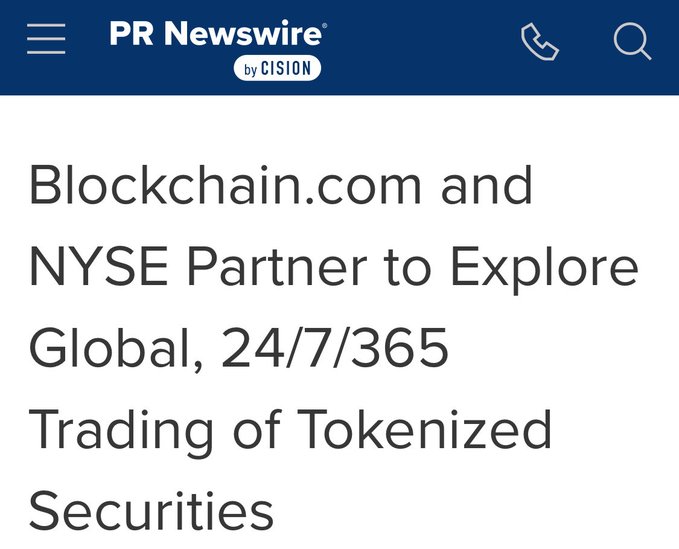 PR Newswire article headline reading "Blockchain.com and NYSE Partner to Explore Global, 24/7/365 Trading of Tokenized Securities" displayed below the PR Newswire by Cision header bar.