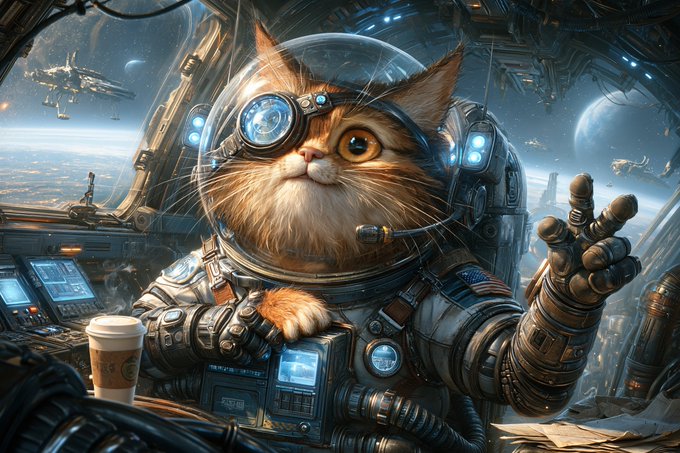 A digital illustration of an orange cat wearing an astronaut suit, goggles, and a space helmet, waving from inside a spaceship cockpit.