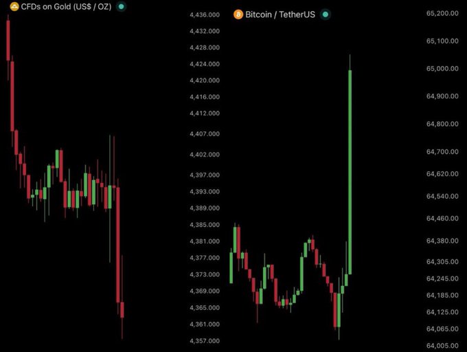 A side-by-side trading chart shows "CFDs on Gold (US$ / OZ)" on the left, with prices dropping sharply to around 4,397 from higher levels, and "Bitcoin / TetherUS" on the right, displaying a volatile range around 64,065–65,200 with a notable green surge near the end. The image visually reinforces the post's theme of diversifying across markets during a bear market, highlighting the contrast between gold's bearish decline and Bitcoin's erratic but ultimately upward spike.