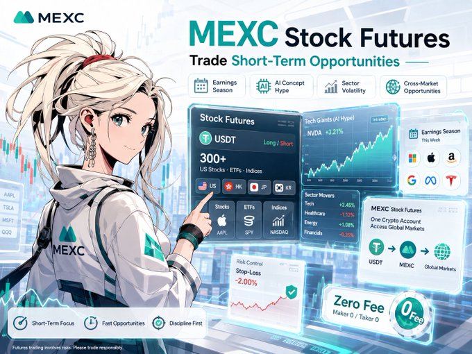 A promotional banner for MEXC Stock Futures features an anime-style character and lists features like 'Earnings Season', 'AI Concept Hype', 'Sector Volatility', and 'Zero Fee'.