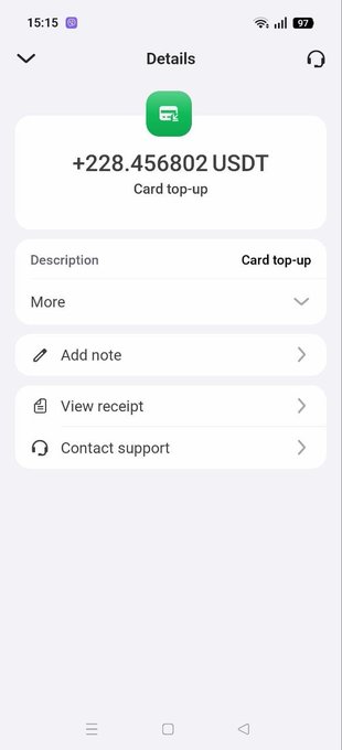 A mobile transaction details screen shows “+228.456802 USDT,” labeled “Card top-up,” with options for Description, Add note, View receipt, and Contact support.