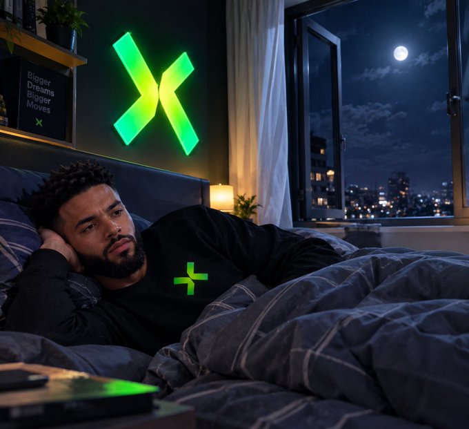 A man lying in bed wearing a black shirt with a green 'X' logo, with a large illuminated green 'X' light on the wall behind him. A framed poster reads 'Bigger Dreams Bigger Moves' and a moonlit cityscape is visible through the window.