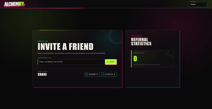 A dark-themed referral page from "ALCHEMIFY" featuring an "INVITE A FRIEND" section with a referral link and copy button, alongside a "REFERRAL STATISTICS" panel showing 0 invites.