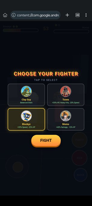 A mobile game screen showing a 'CHOOSE YOUR FIGHTER' selection menu with options Clay Guy, Toons, Blockyz, and Momo, featuring a prominent orange 'FIGHT' button.