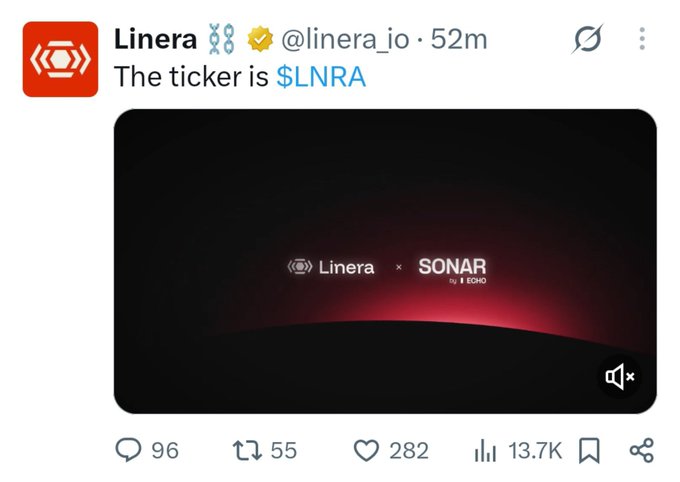 A tweet from Linera (@linera_io) announces "The ticker is $LNRA," featuring a dark graphic with the Linera and Sonar by Echo logos side by side, promoting the upcoming LNRA token sale on the Sonar platform.