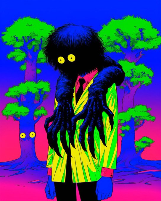 Psychedelic digital illustration of a figure in a yellow and green striped jacket with a dark furry head, yellow eyes, and large clawed hands, set against vibrant blue and pink background with green trees.