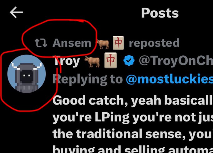 The image shows a screenshot of a Twitter/X post where user @TroyOnCh (with a viking profile picture) is replying to @mostluckies, stating "Good catch, yeah basically you're LPing you're not just [buying/selling] in the traditional sense..." The post is attributed to "Ansem" and is shown as a repost, with the user @TroyOnChain confirming details about liquidity providing in the $ANSEM ecosystem mentioned in the accompanying caption.