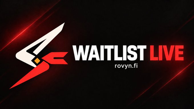 A promotional graphic for Rovyn featuring a stylized "R" logo alongside the text "WAITLIST LIVE" and "rovyn.fi" in red and white on a dark background, matching the post's announcement of launching the @rovyndotfi project and inviting others to join in building the platform.