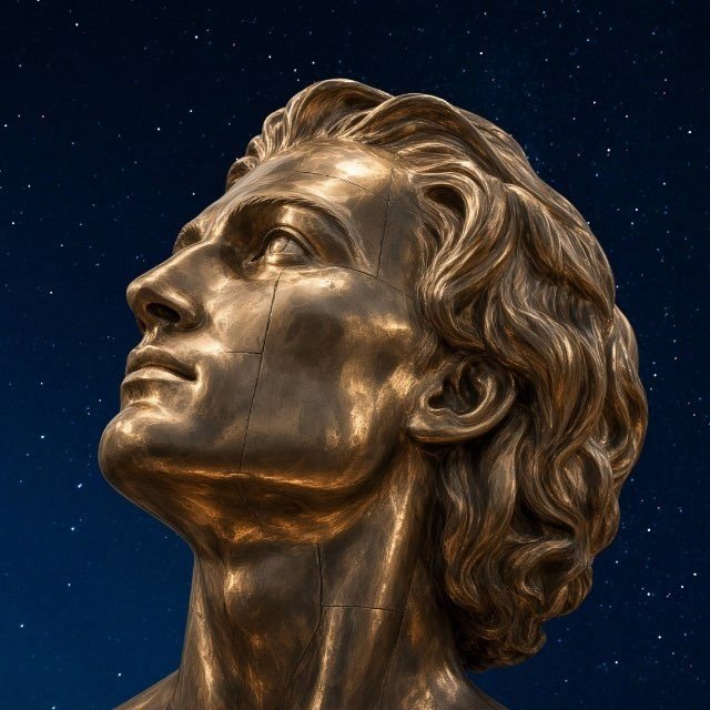 A bronze statue of a person with flowing wavy hair gazes upward against a dark blue, starry night sky.