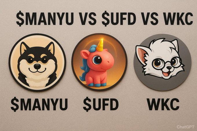 A side-by-side comparison of three memecoins—$MANYU (Shiba Inu logo), $UFD (unicorn character), and WKC (white dog mascot)—presented in a poll-style format asking viewers to pick their favorite memecoin for the upcoming bull season.