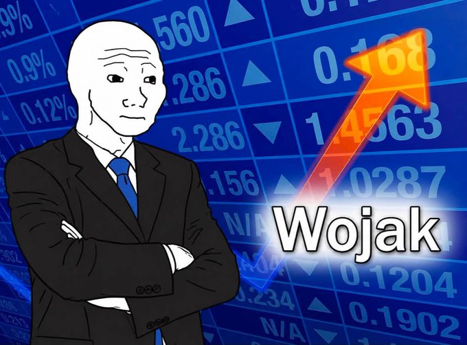 A Wojak character in a suit stands confidently with crossed arms against a stock chart background featuring an upward-pointing arrow, with the text "Wojak" prominently displayed alongside various numerical figures, visually reinforcing the post's claim of "$Wojak" reaching billions this cycle.