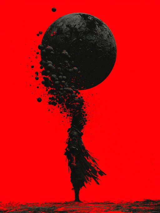 A surreal artwork depicting a dark, silhouetted figure dissolving into ascending rocks and debris toward a large black moon against a vivid red background.